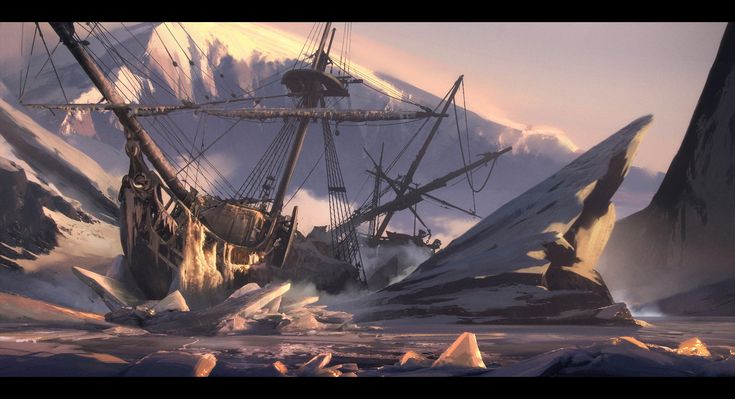 an old ship in the ocean surrounded by ice and snow covered mountains, with one boat on it's side