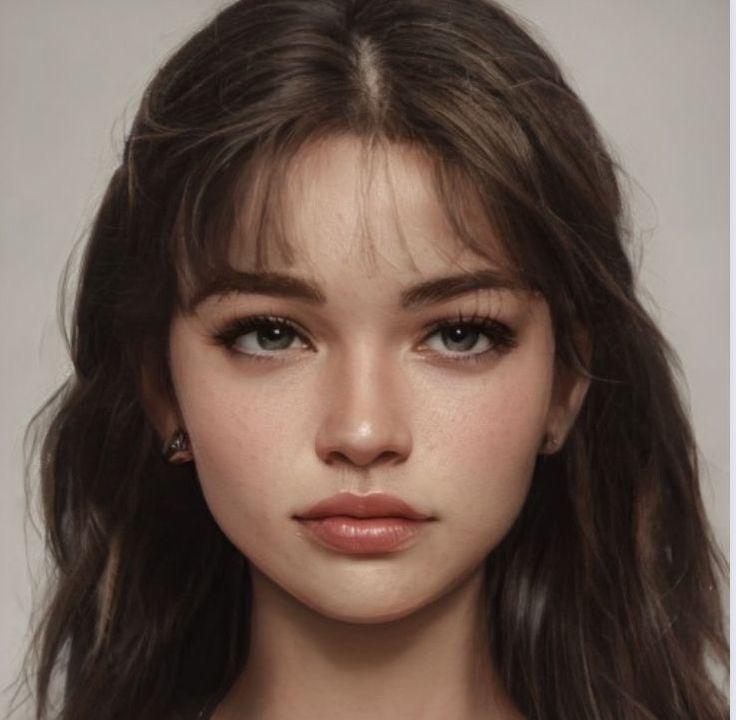 a close up of a young woman with long hair and brown eyes wearing a necklace