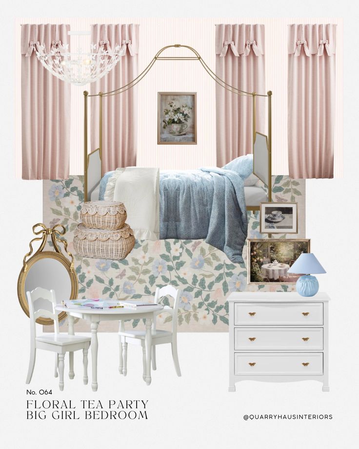 the bedroom is decorated in pastel pinks and whites, with white furniture and accessories