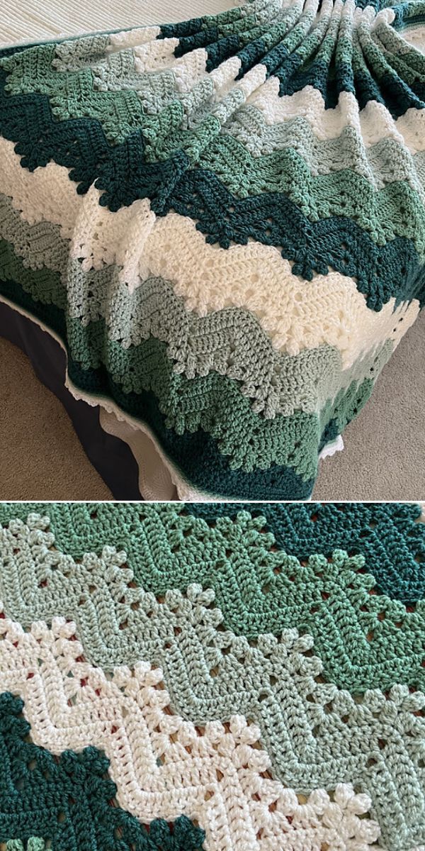 there is a green and white crocheted blanket on top of a bed with pillows