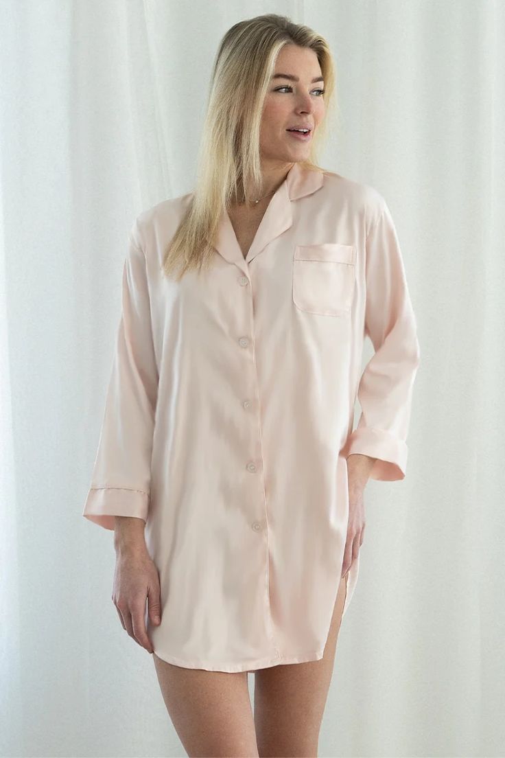 Blush Satin Sleep Shirt – Spikes and Seams Feminine Satin Sleepwear For Loungewear, Feminine Satin Finish Sleepwear For Loungewear, Relaxed Fit Satin Sleepwear For Bedtime, Silk Sleepwear For Pajama Party, Pink Silk Sleepwear For Loungewear, Feminine Sleepwear With Satin Finish, Elegant Satin Sleepwear For Sleepover, Feminine Silk Sleepwear For Loungewear, Solid Satin Finish Sleepwear For Loungewear