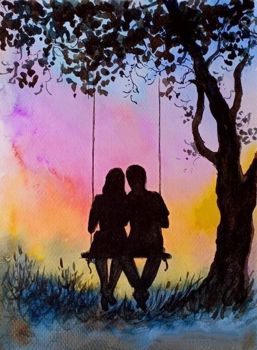 a painting of two people sitting on a swing in front of a tree at sunset