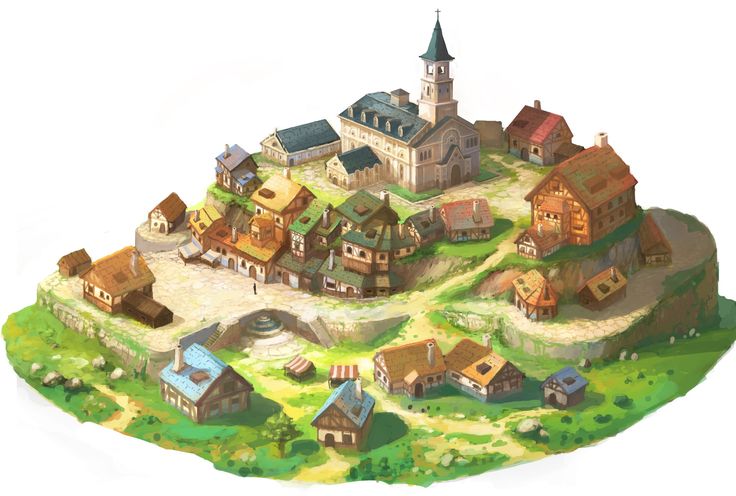 an illustration of a small town on top of a hill in the middle of nowhere