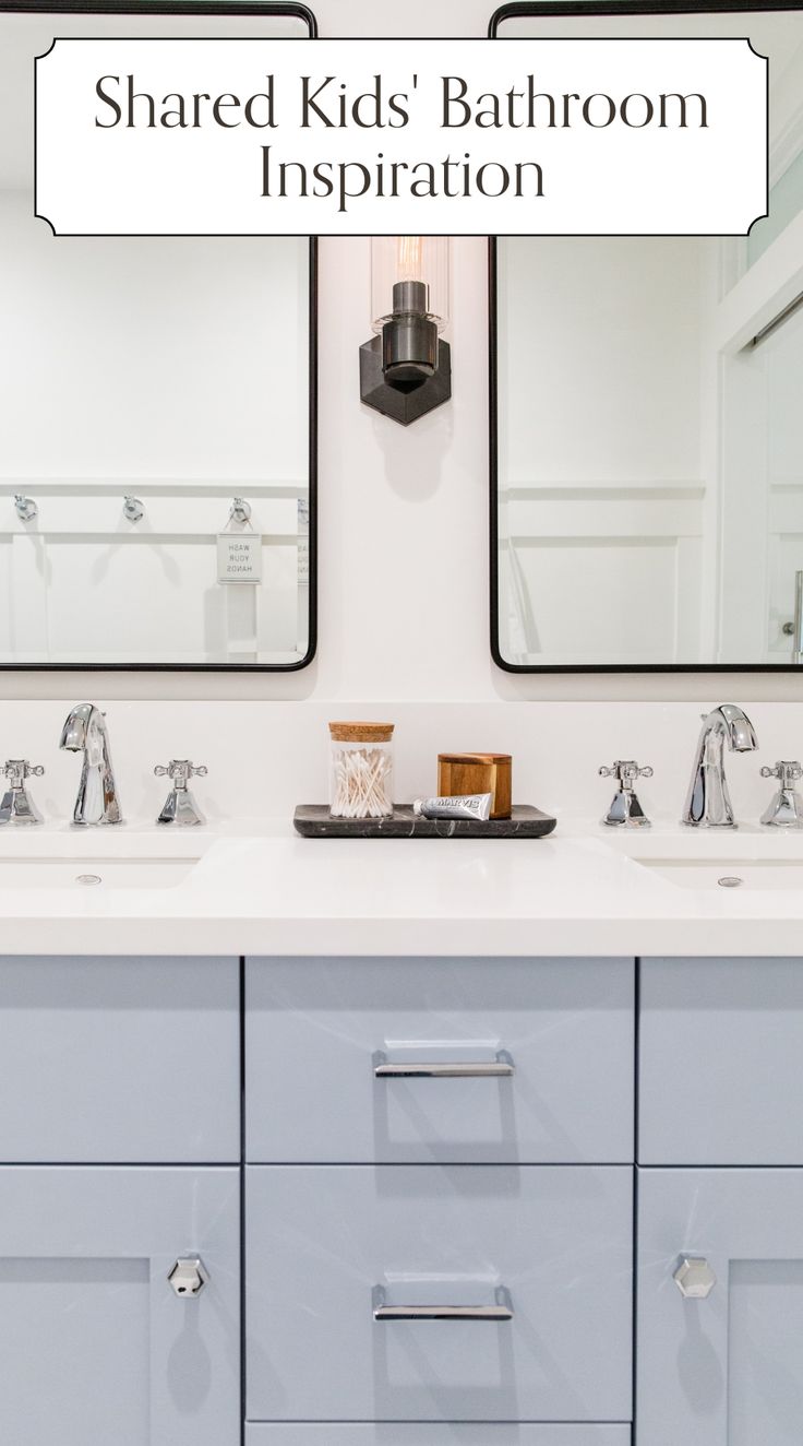 a bathroom sink with two mirrors above it and the words shared kids'bathroom inspiration