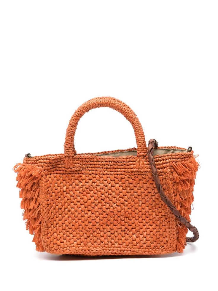 geranium orange raffia interwoven design frayed detailing single braided detachable shoulder strap two top handles main compartment internal logo patch partial lining open top This piece comes complete with a protective dust bag. Square Crossbody Bag, Raffia Tote Bag, Single Braid, Knee High Leather Boots, Orange Bag, Open Top, Womens Tote Bags, Patch Logo, Calf Leather