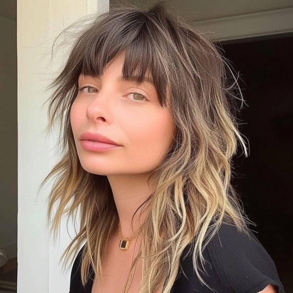 Shag With Balayage, Shag Balayage, Razor Shag Haircut, Minimal Bangs, Shag Cut Short, Razor Bangs, Shoulder Length Shag With Bangs, Razor Shag, Soft Shag Haircut