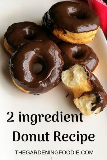 three chocolate donuts on a white plate with the words, 2 ingredient donut recipe