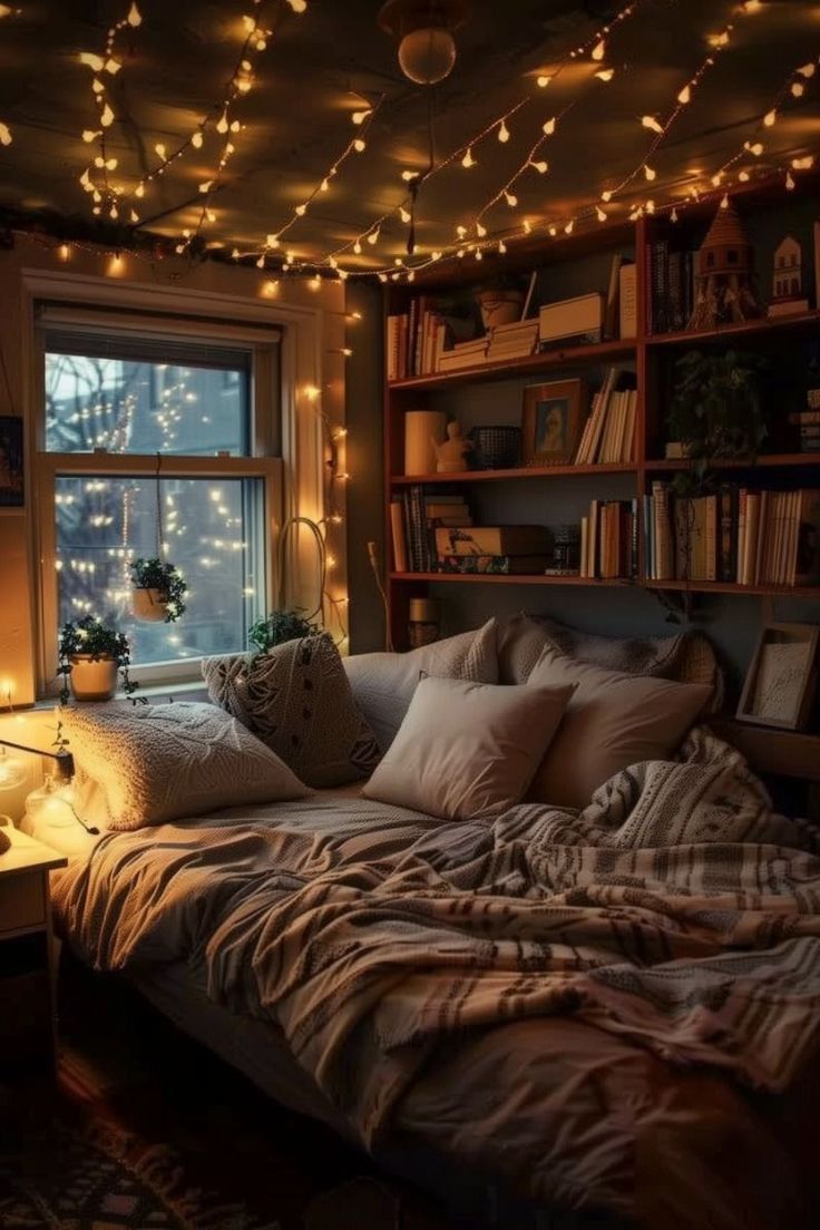 a bedroom with lights strung from the ceiling and a bed in front of a window