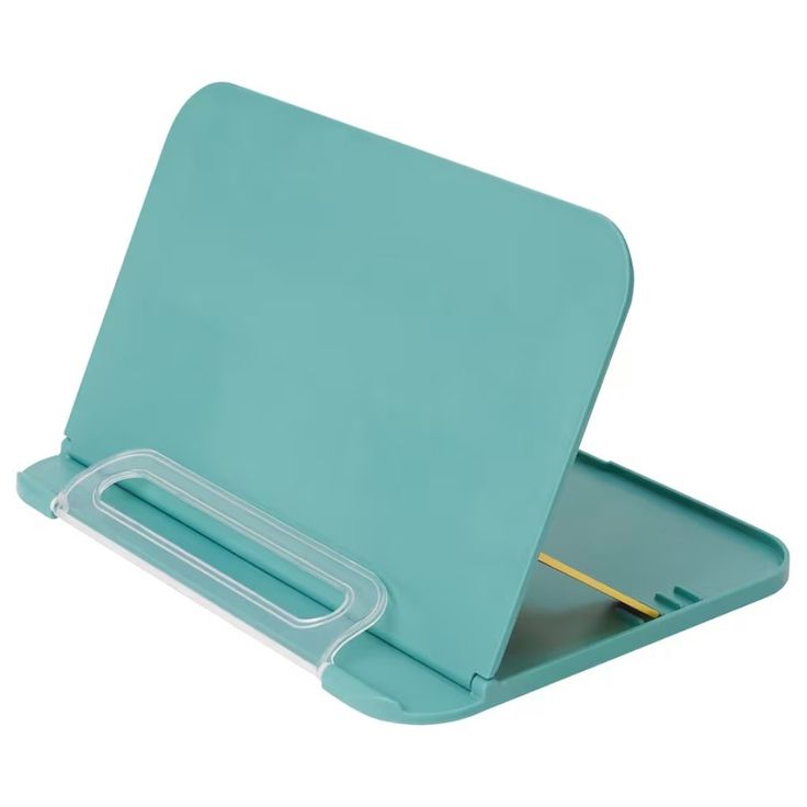 a blue desk organizer with a pen and pencil in it's holder, on a white background