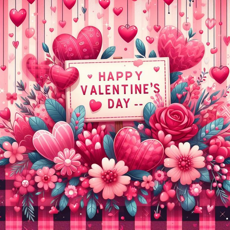 valentine's day greeting card with flowers and hearts on pink plaidered tablecloth