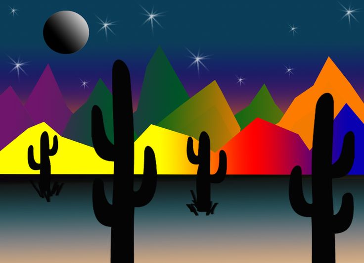 a desert landscape with cactus trees and mountains in the background at night, with a full moon