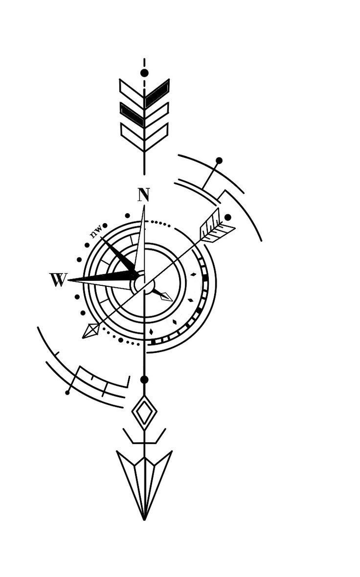 a black and white drawing of an arrow, compass and arrows on a white background