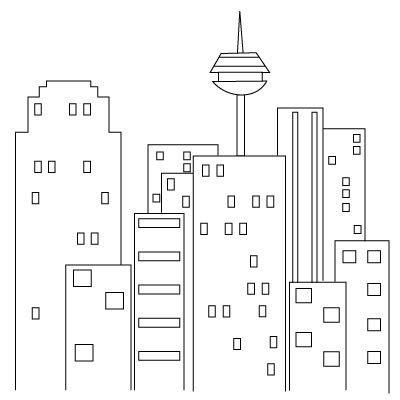 a black and white drawing of a city with tall buildings, skyscrapers and a water tower