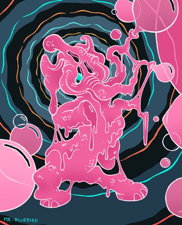 an abstract painting with pink and blue colors on a black background is featured in the image