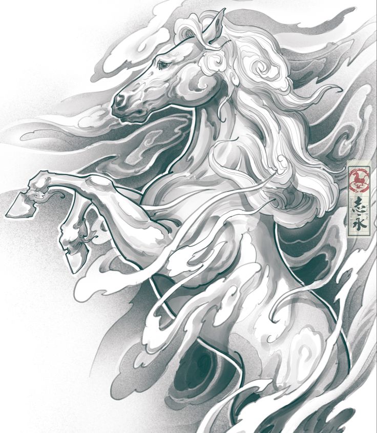 an ink drawing of a horse in grey and white with chinese characters on it's back