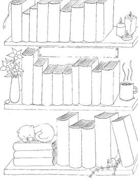 a black and white drawing of books on a book shelf with a cat sleeping in the middle