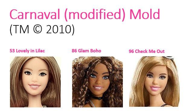 three dolls with different hair styles and names for each doll's face, from the front to the back