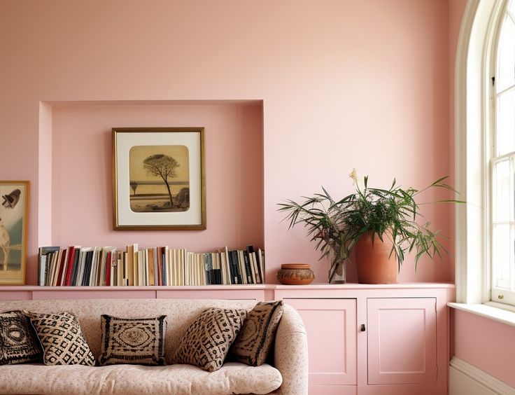 a living room with pink walls and lots of books on the shelf next to the couch