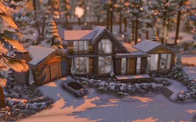 Modern Holiday House (Download) Sims 4 Mountain Lodge, Sims 4 Gingerbread House, Christmas House Sims 4, Sims 4 Snow Cc, Sims 4 Snowy Escape House, Sims 4 Winter House, Sims 4 One Story House, Sims 4 Snowy Escape Cc, Sims 4 Christmas House