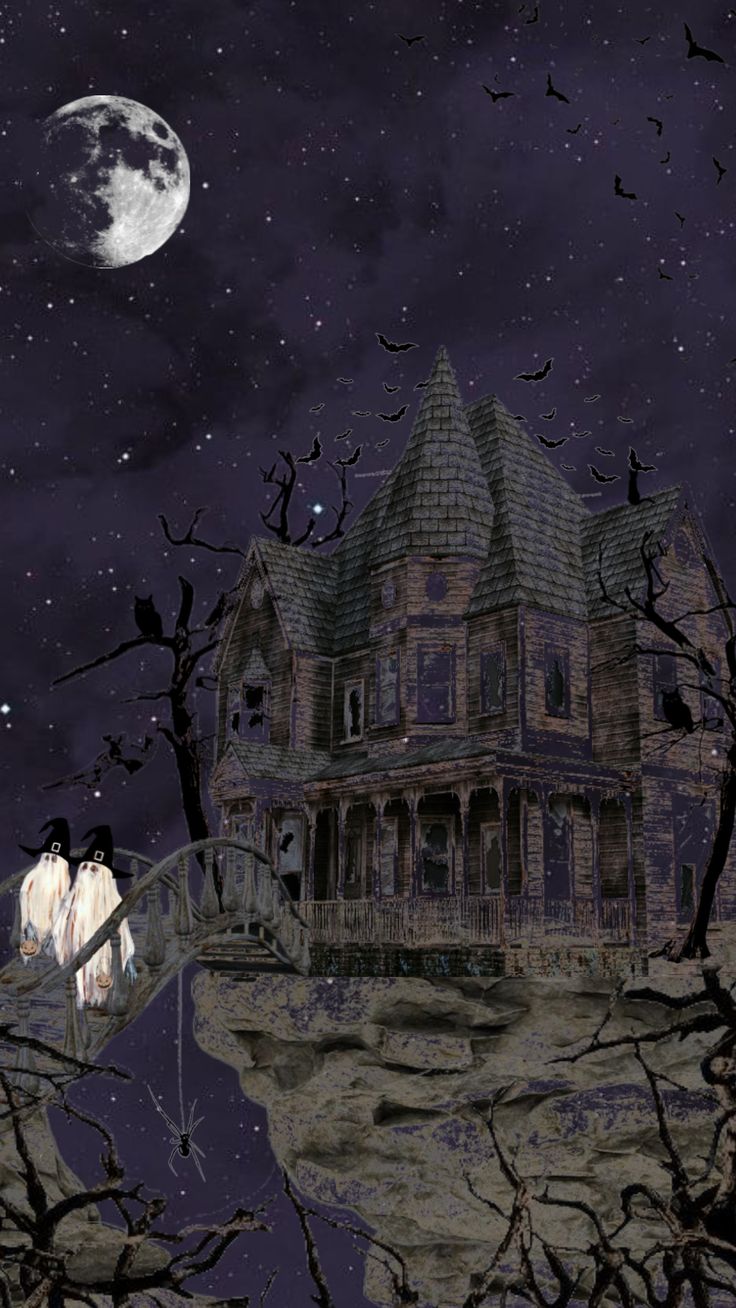 an image of a creepy house in the night sky with bats flying over it and full moon