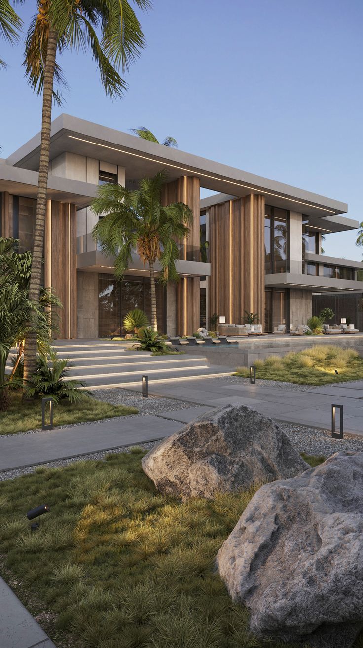 a large house surrounded by palm trees and rocks in front of the entrance to it