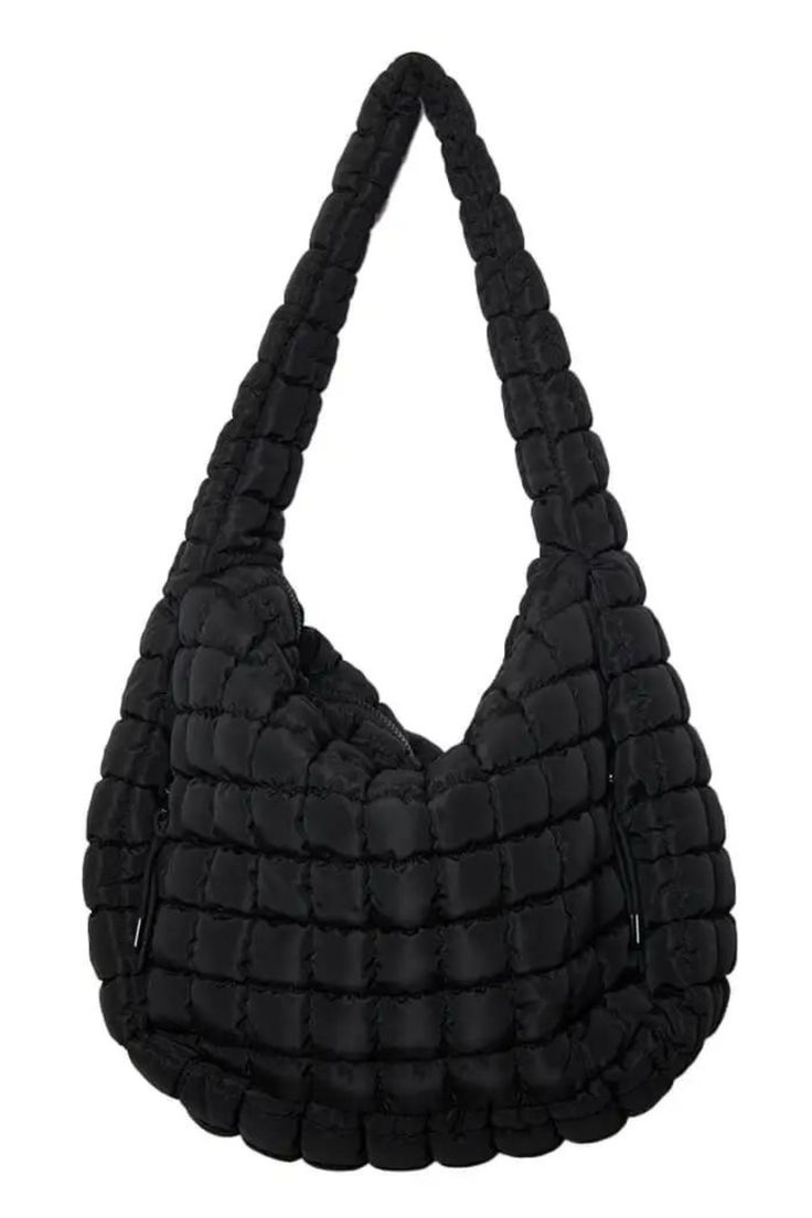 Introducing the Quilted Puffer Bag. With a water-resistant lining, interior and exterior pockets, this bag is the ultimate combination of functionality and style. This bag features a zipper closure and 27" long strap. Get ready to turn heads with this playful and practical accessory! Size: 20" x 7" x 15" Black Hobo Travel Bag, Practical Shoulder Bag Backpack With Zipper, Practical Shoulder Bag With Zipper, Practical Shoulder Bag With Zipper Closure, Black Hobo Bag For Travel, Nylon Bags With Zipper Closure For Errands, Rectangular Nylon Bags With Zipper Pocket, Rectangular Nylon Shoulder Bag With Removable Pouch, Trendy Nylon Hobo Bag For Travel