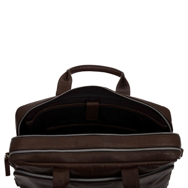 We call this a work bag for men, but that only means that you're most likely to use it for work. In practice, you can use it as a briefcase, a satchel, and even a small travel bag. Quite simply, you have 4 zip locked storage areas to choose from: 2 main compartments and front and back pockets. The main compartments include a fastener protected laptop section, 4 slip pockets for small items like a phone or notepads, 2 pen holders, and a separately zipped internal pocket. The external front and ba Brown Leather Work Bag, Leather Work Bag, Small Travel Bag, Leather Work, Work Bag, One Bag, Dark Brown Leather, Pen Holders, Beautiful Bags