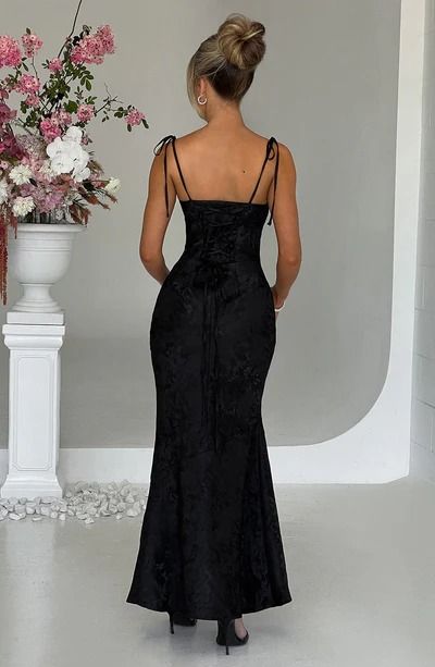 Whitney Maxi Dress - Black – BABYBOO Black Dresses Long, Black Dress Aesthetic, 2023 Wishlist, Dress Aesthetic, Beautiful Drapes, Long Black Dress, Jacquard Fabric, Black Dresses, Slim Waist