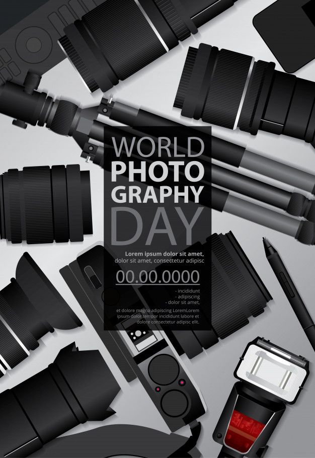 the world photography day poster is displayed on a white background with black and red accessories