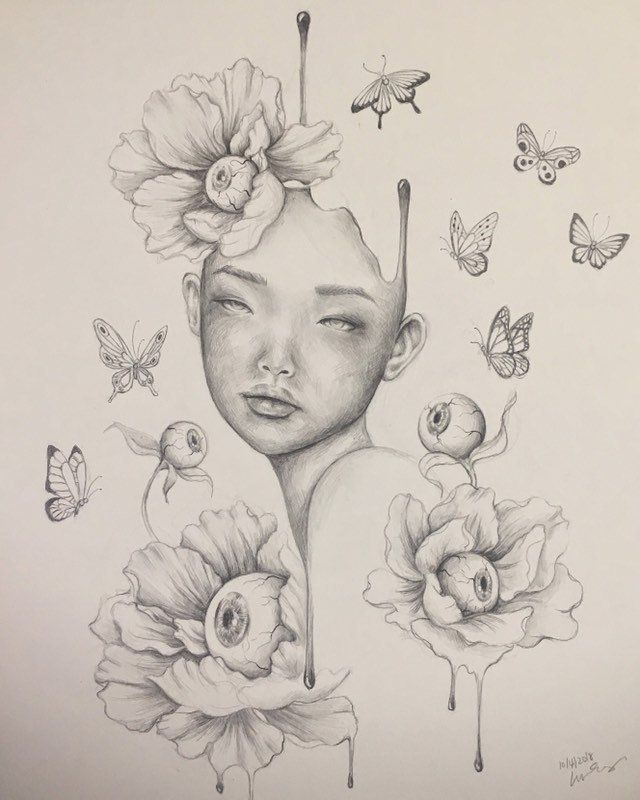 a drawing of a woman with flowers in her hair and butterflies around her head,