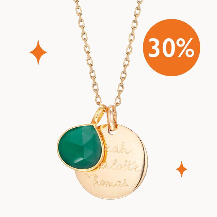 A favorite at Merci Maman, a semi-precious Green Onyx gemstone is paired with our signature disc charm, and hand-engraved to create a personalized necklace as unique as you are.Please note that there may be slight variations between each birthstone and gemstone due to its origins.18K Champagne Gold Plated, 925 Sterling Silver or 18K Rose Gold PlatedDisc Charm: 0.7 x 0.7Green Onyx Gemstone: 0.5 x 0.5Secure clasp fasteningCharms are removable from this chain and can be worn on all Merci Maman chai Gemstone Round Disc Necklace For Gifts, Personalized Gemstone Pendant Necklace, Personalized Round Gemstone Necklace, Gold Necklace With Green Onyx Gemstone Beads, Green Onyx Gemstone Necklace, Luxury Green Onyx Gemstone Necklace, Onyx Gemstone, Green Onyx, Champagne Gold