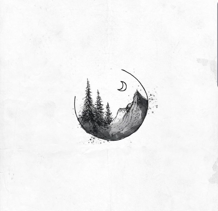 a black and white drawing of a mountain with trees on it's side, in the shape of a half moon