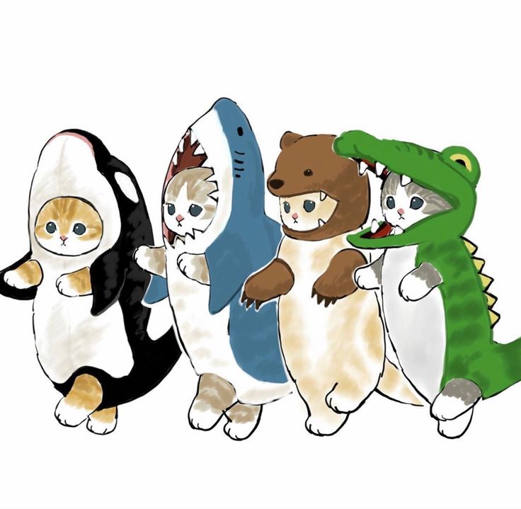 four cats are dressed up as alligators and other animals