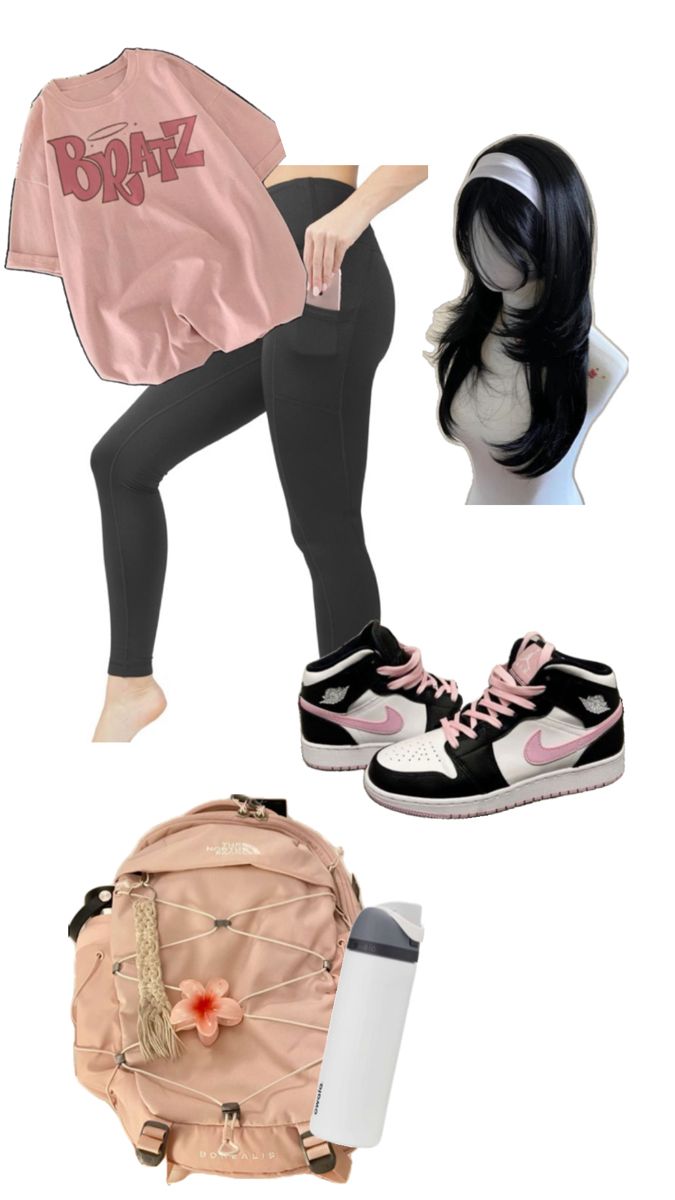 a woman in black pants and pink top with backpack, sneakers and purse on white background