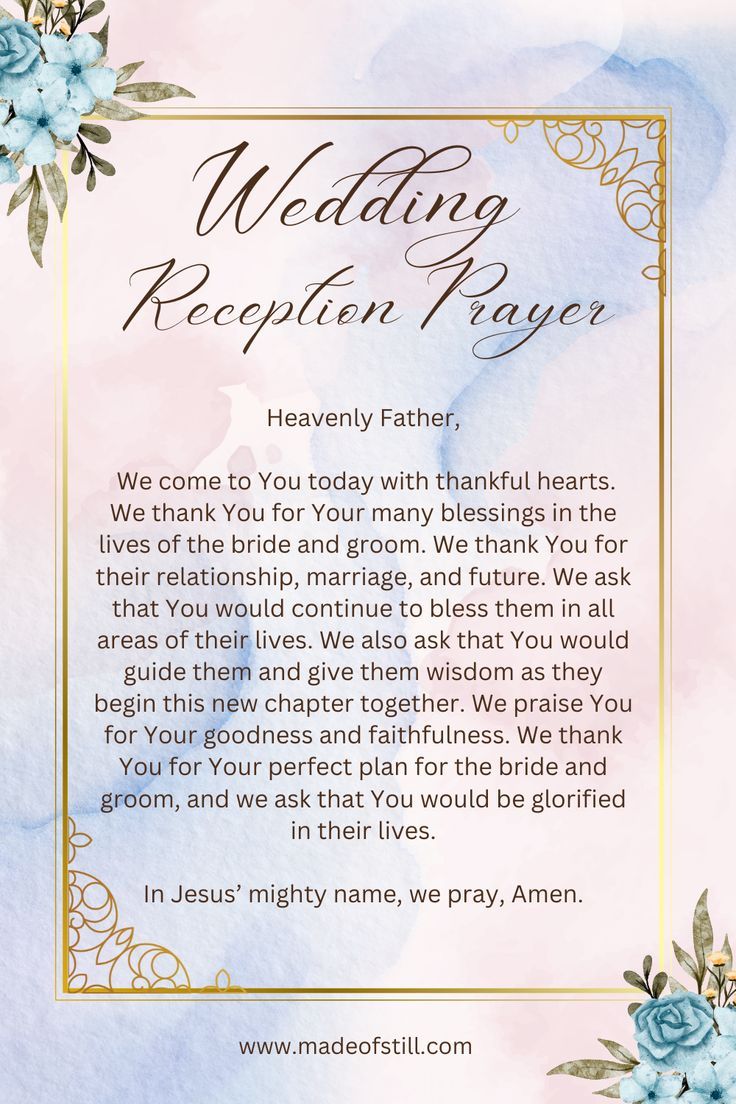 a wedding reception prayer card with blue flowers and gold trimmings on a watercolor background