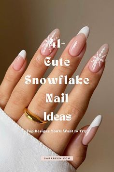 Sparkly White Nail Designs, Christmas Nail Designs Snowflakes, Ombre Disney Nails, Winter Almond Nails Designs, Winter Nail Designs White, French Snowflake Nails, Snowflake Nails French Tip, White French Tip Nails With Design Ideas, Holiday French Nails