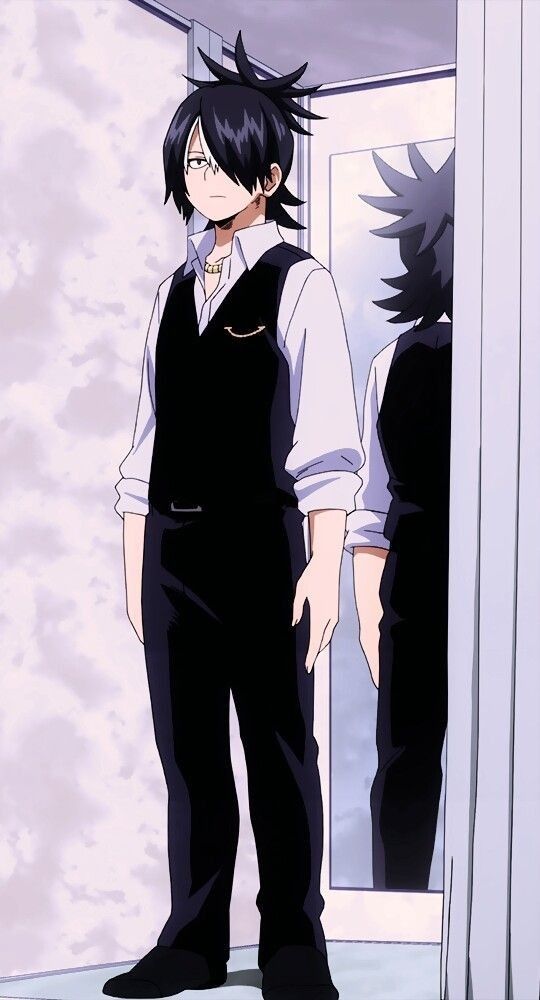 an anime character is standing in front of a mirror with his hands on his hips