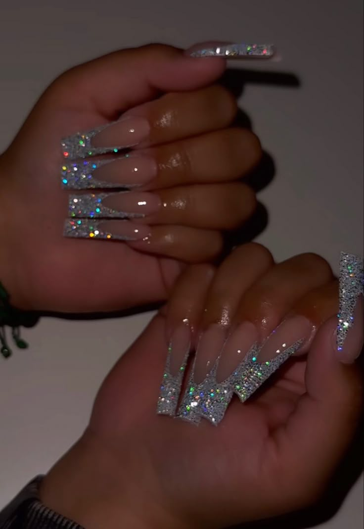 Bling Tip Acrylic Nails, Medium Glitter Nails, Simple Boujee Nails, Extra Blinged Out Nails, Birthday Nails Coffin Scorpio, 23rd Birthday Nails Acrylic, Silver Sparkles Nails, Birthday Nails Scorpio Long, New Years Baddie Nails