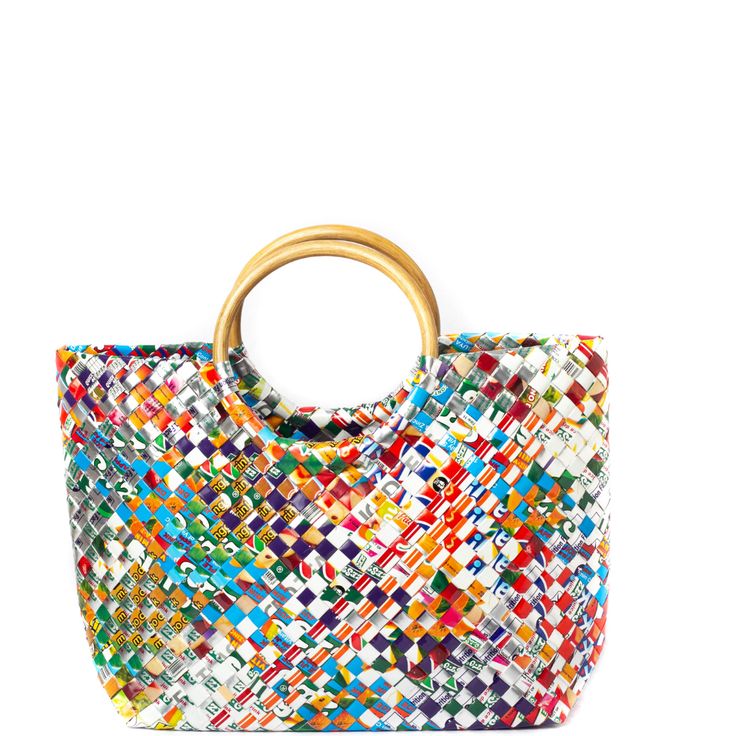 Treat the world as your personal runway with our one-of-a-kind, woven handbags made with sustainable rattan handles. Handmade from 100% upcycled materials and designed with 100% heart. *Every one of our bags are one-of-a-kind. This one you have selected (shown in first image) is 100% unique and is the exact one we'll send to you. Product Details Open top (no zipper) Soft and smooth to the touch, yet incredibly strong Double weave with 5-year warranty Handle made with sustainably sourced rattan R Shopping Crochet Bag With Woven Round Handle, Shopping Crochet Bag With Round Handle, Crochet Shopping Bag With Round Handle, Multicolor Handheld Straw Bag For Shopping, Chic Multicolor Bucket Straw Bag, Multicolor Crochet Bag With Braided Handles For Shopping, Multicolor Straw Bag With Bamboo Handle For Vacation, Multicolor Straw Beach Bag With Bamboo Handle, Multicolor Straw Bags With Leather Handles