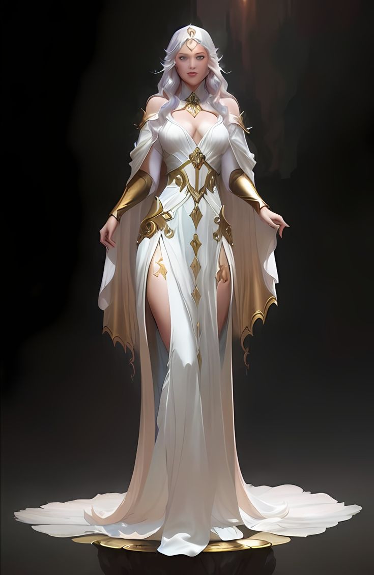 a woman dressed in white with gold accents