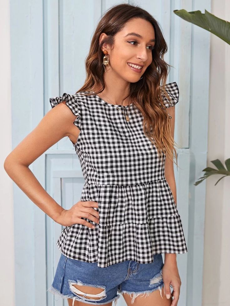 Material : Polyester & Cotton Blend Sizes (Measured in inches):XS Bust 34 Length 24 S Bust 35.5 Length 25 M Bust 37 Length 25.5L Bust 39.5 Length 26 XL ﻿Bust 42 Length 26.5 Gingham Blouse, Cute Cap, Refashion Clothes, Blouse Outfit, Boutique Dresses, Online Boutiques, Ruffle Trim, Spring Outfit, Pretty Dresses