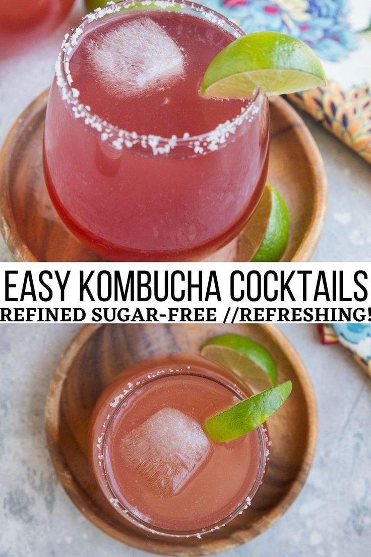 two glasses filled with drinks sitting on top of a wooden plate next to each other