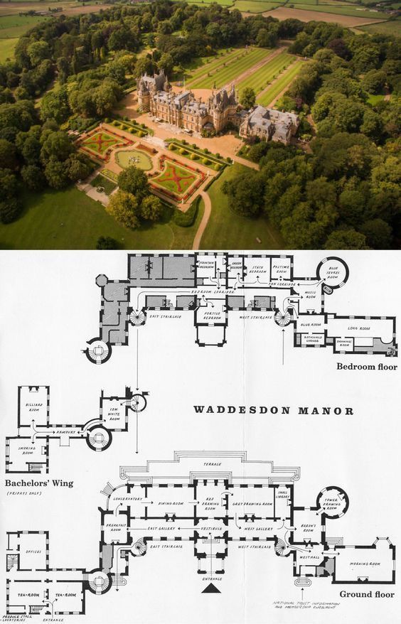 an aerial view of the estate and its surrounding grounds, with plans for each building