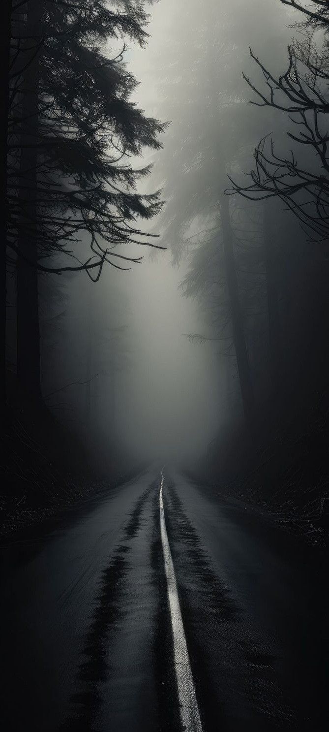 an empty road in the middle of a foggy forest