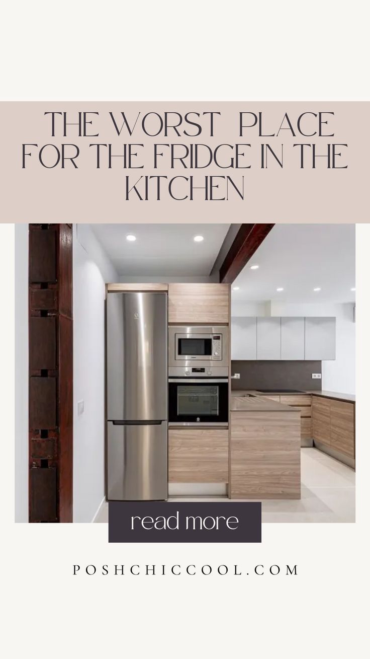 the words, the worst place for the fridge in the kitchen are above an image of a stainless steel refrigerator