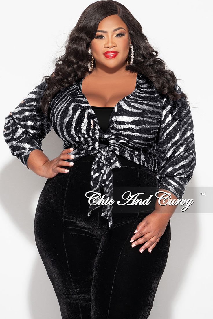 Camisole & Pants are not included Black Pants Plus Size, Plus Size Crop Top, Plus Size Crop Tops, Silver Blouse, Chic And Curvy, Blouse Plus Size, Silver Print, Red Carpet Looks, Plus Size Blouses