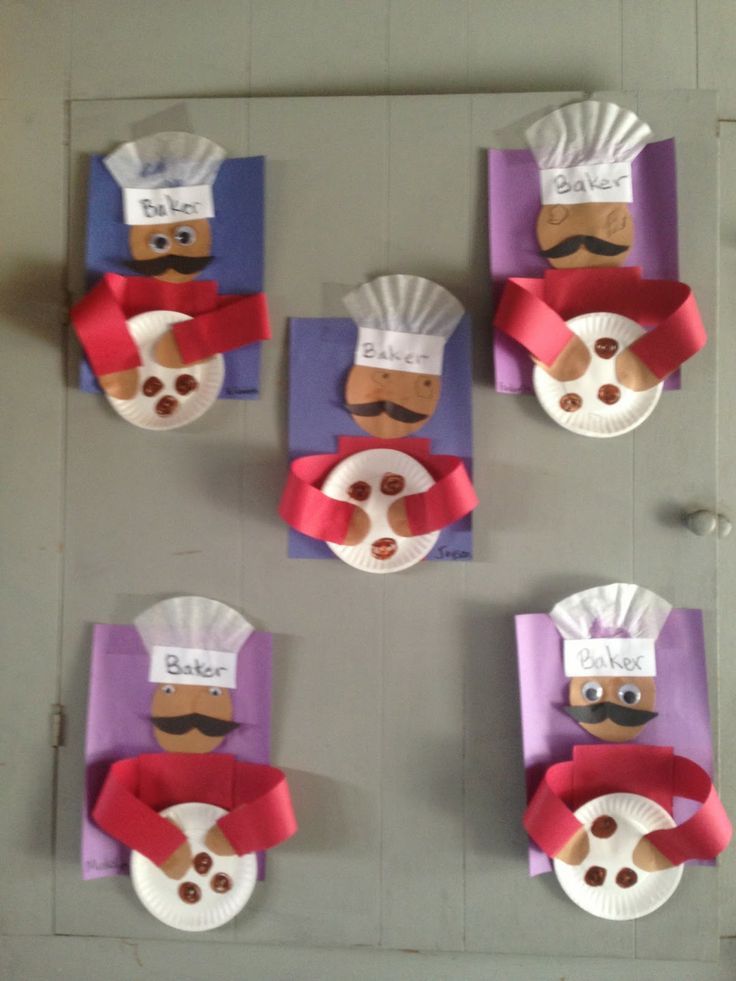 several paper plates with chefs hats on them are arranged in the shape of people's heads