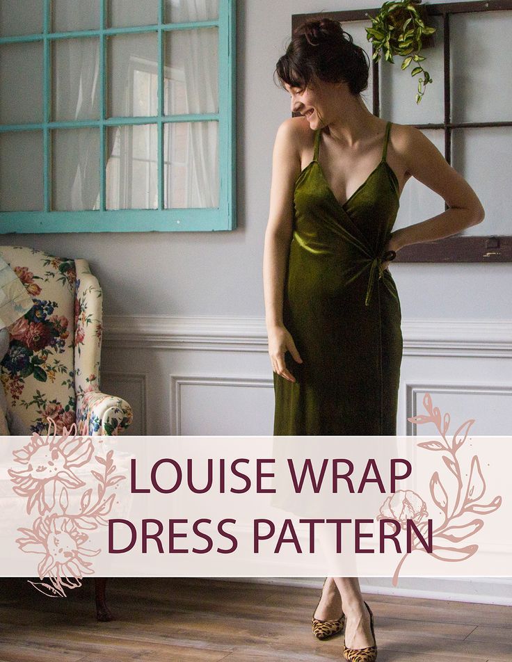 a woman in a green dress standing next to a chair with the words louise wrap dress pattern on it