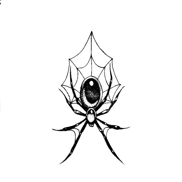 a black and white drawing of a spider with its webs on it's back