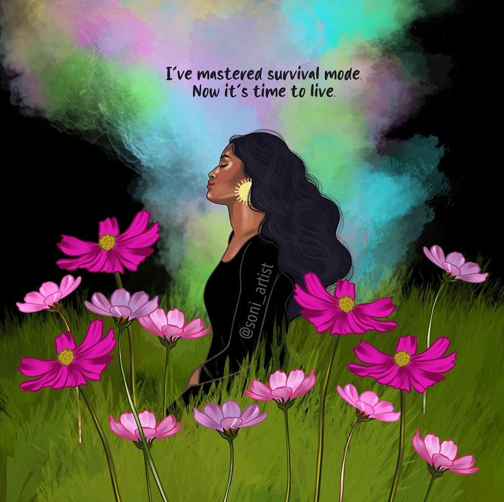 a painting of a woman sitting in the grass surrounded by pink flowers with an inspirational quote above her